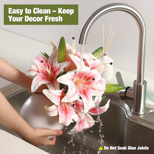 Artificial Lily Flowers with Ceramic Vase, Pink Silk Lily Flower Arrangement, Fake Flowers in Vase Centerpiece, Artificial Floral Arrangement for Table Decor, Shelf, Bathroom, Wedding, Home Decoration