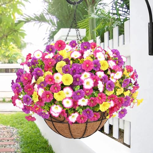 Elyum Artificial Hanging Flowers for Outdoors, Fake Flowers Artificial Petunias Hanging Baskets for Outdoors, UV Resistant Fake Hanging Plants Flowers for Outside Garden Patio Porch Decor - color: Mixed Colors 1, size: 1 Pack