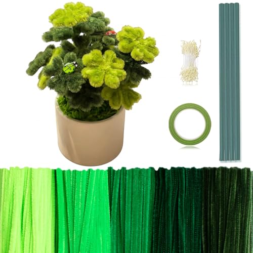 Peryiter 371 Pcs Pipe Cleaners Flowers Kit, Pipe Cleaners Chenille Stems Bulk with Floral Wire Gardening Tape Stamen, Fluffy Limpiapipas para Flores for DIY Mother's Day Decor(Green) - color: Green