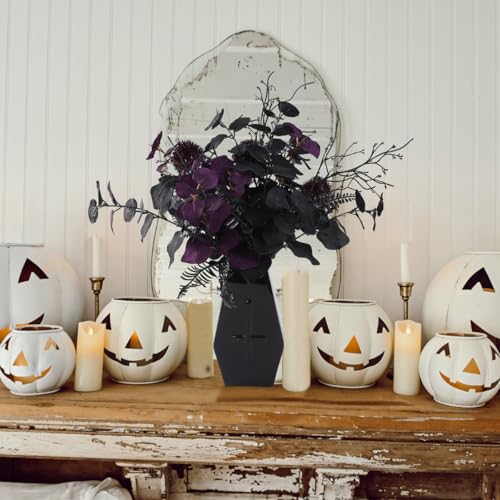 7pcs 18" Faux Halloween Floral Picks Tabel Centerpieces Decoration, Artificial Gothic Black Purple Eucalyptus Leaves Flowers Stems Picks Bouquet Decor (BLK-Purple)