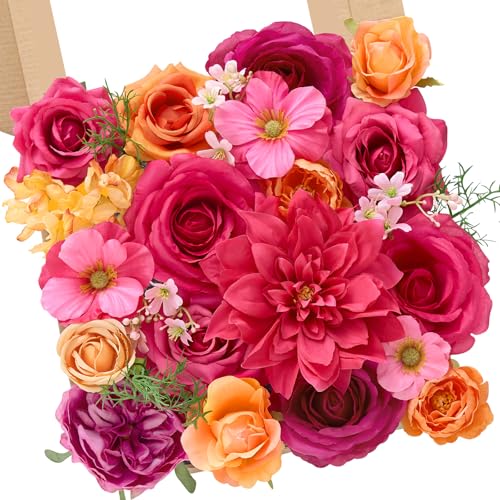 Serwalin Artificial Hot Pink & Orange Flowers, Magenta Silk Fake Flowers, Autumn Faux Flowers for Wedding Bouquet, Table Centerpieces, Home Decor - color: A Aesthetic Hot Pink & Orange, size: Square
