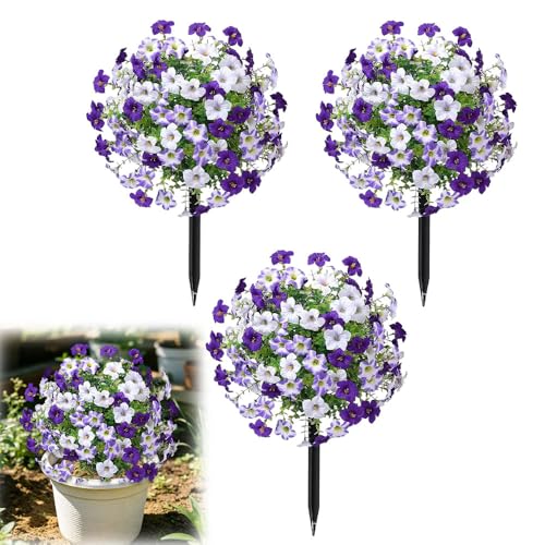 Artificial Petunias with Ground Stake - UV Resistant & Waterproof Faux Flowers for Outdoor Indoor Garden, Yard, Planter, Porch & Home Decor (Style G, 3 Pcs) - color: Style G , 3 Pcs