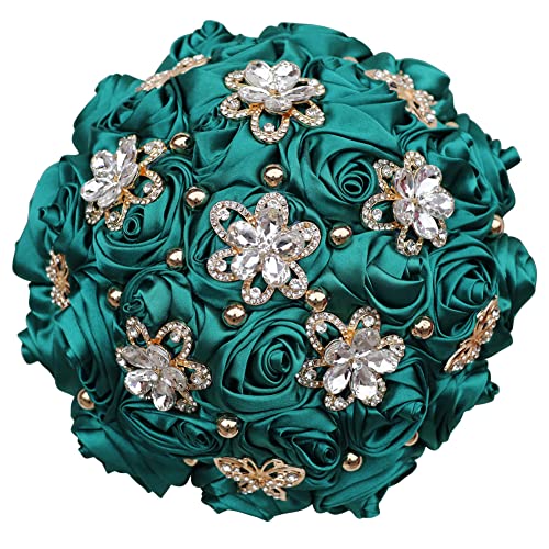 Sharebeauty 8.3" Handmade Satin Rose Bridal Bouquet Toss Round Wedding Bouquet Throw Toss Artificial Flower Bunch Dark Green - color: 809a Dark Green, size: 8.3"/21cm