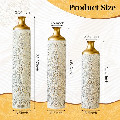 Floor Vases, Tall Home Decor Metal Vase Set of 3 Large Glazed Decorative Vases for Wedding Decor, Elegant Modern Flower Holder for Living Room, Entryway, Hallway - color: Floral Ivory Gold