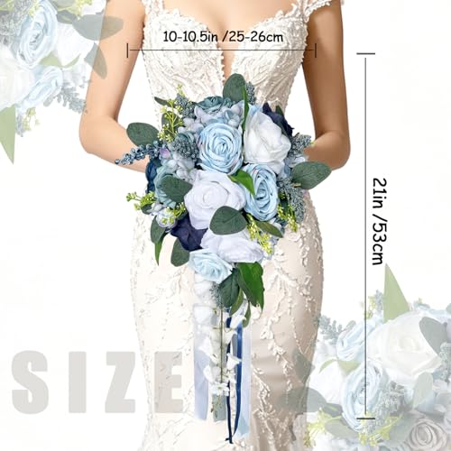 10 Inch Cascading Bouquets for Bride Fall Wedding Rose Bridal Bouquet Artificial Silk Flower Boho Rustic Ceremony Anniversary Decor Toss Bouquet (Dusty Blue, Lily of the Valley) - color: Dusty Blue, Lily of the Valley
