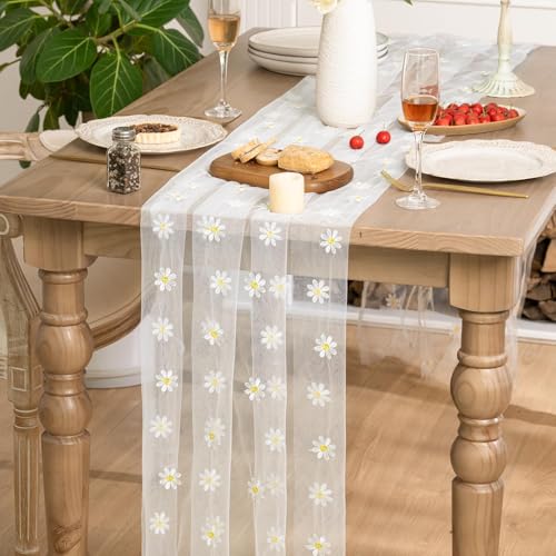 Artoid Mode Milky White Daisy Gauze Embroidery Table Runner 120 Inch 10FT, Tulle Seasonal Spring Kitchen Dining Holiday Table Decor for Home Party - color: Milky White