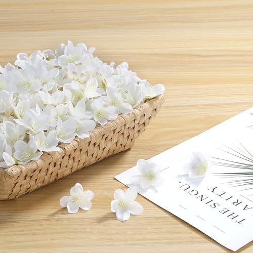 SITUMEIZI 100 Pcs Mini White Cherry Blossom Head Artificial Small Cherry Blossom Head Fake Silk Flower Head for Wedding Decor, Graduation Cap, Cake, DIY Flower Wall Party Decor 1.6 inches - color: White-cherry