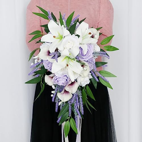 Emivery Bridal Bouquets for Wedding, Artificial Lavender Calla Lily Cascading Wedding Bouquet Real Touch Flowers for Wedding Ceremony Bridal Shower Home Decor