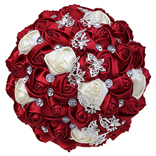 1Bucnh Big Size (8.26") Handmade Diamond Wedding Bouquet for Bridal with Rhinestones Silk Ribbon use in Church Marroon Marriage Boquets (Big Dark Red & Less Ivory) - color: Dark Red With Ivory
