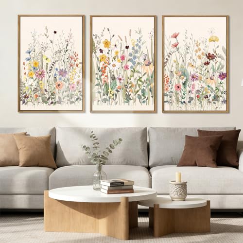 BINCUE Wildflower Wall Art Large Floral Wall Painting Neutral Print Pictures Framed Flower Wall Decor Wildflower Artwork Flowers Pictures Floral Art Prints for Living Room Bedroom Bathroom Farmhouse 24x36 Inches Set of 3 Gift - color: Wildflowers, size: 2