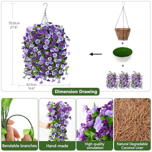 Homsunny Artificial Fake Hanging Flowers Plants Baskets for Outdoor Spring Summer Decorations,Faux Morning Glory Silk Flower for Outside UV Resistant Patio Yard Home Porch Decor(Purple) - color: Purple