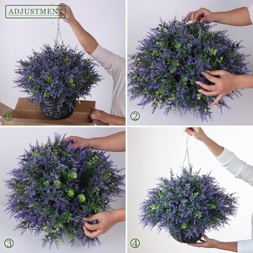 GLIDLION Artificial Eucalyptus & Lavender Hanging Basket (2 Pieces) - Realistic Fake Hanging Plants Set, Outdoor Faux Eucalyptus Leaves for Farmhouse Eaves Porch Decor | Spring,Summer,All Season