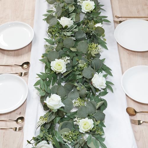2 Pack Artificial Spring Eucalyptus Flower Garland with White Roses, 13Ft Fake Flower Greenery Floral Green Garland Vines for Wedding Arch Table Runner Backdrop Mantle Home Decorations (White) - color: White & Green (2p)