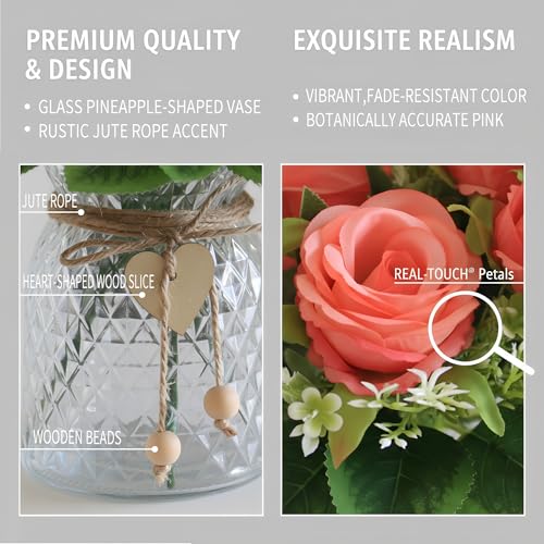 Faux Flowers in Vase, 18 Pcs Fake Rose Flowers, Artificial Flowers for Home Decor, Indoor Centerpiece for Living Room & Dining Table - Pink - color: Pink Rose
