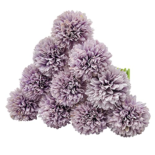 10Pcs Artificial Fake Flower Plants Silk Chrysanthemum Ball Hydrangea Arrangements Wedding Bouquets Decor Home Kitchen Garden Party Table Floral Centerpieces DIY (Grey Purple) - color: Grey Purple