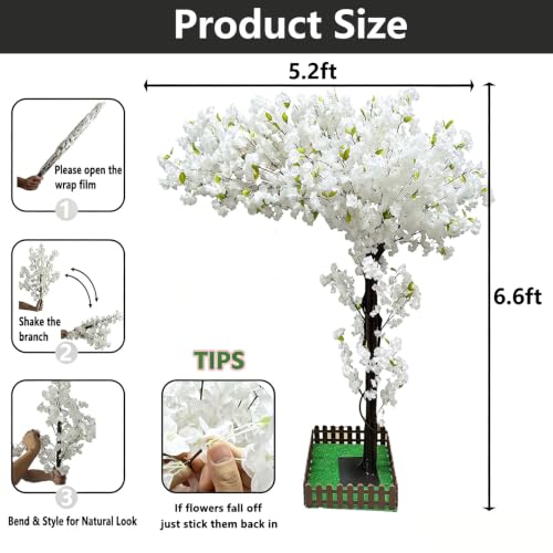 Artificial Cherry Blossom Trees Large,Faux Cherry Blossom Tree Artificial,Fake Cherry Blossom Handmade Tree Indoor Outdoor for Wedding Party Restaurant Park Living Room (White, 6ft 7in) - color: White, size: 6ft 7in