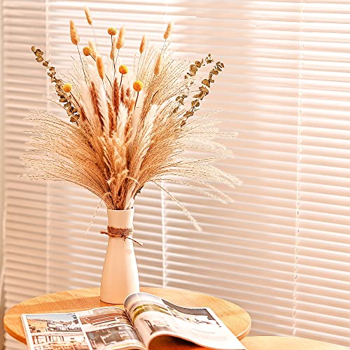 Natural Dried Pampas Grass Bouquet 78pcs 17inch Home Decor, White Pampas & Brown Pampas & Reed Grass & Bunny Tails Grass & Craspedia & Eucalyptus, Boho Wedding Decor Flowers Arrangement