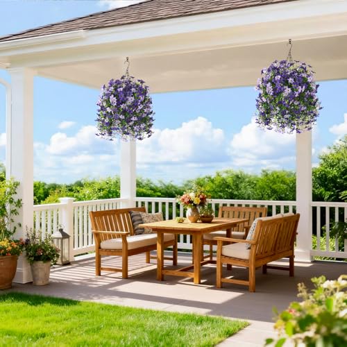 INQCMY Artificial Faux Hanging Flowers Plants Basket for Outdoor Outside Spring Summer Decoration,UV Resistant Fake Silk Daisy in Planter Resistant Look Real for Home Porch Balcony Patio Yard Decor - color: Purple Double Purple