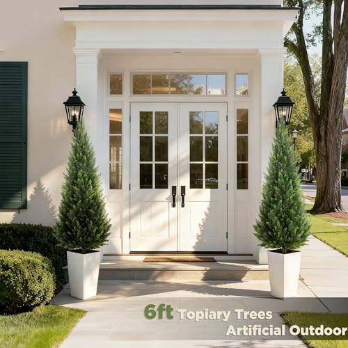 6FT Tall Artificial Cedar Topiary Tree with Compact Pyramidal Shape, Realistic Faux Cypress in Square White Pot with Fillable Water Bag, Outdoor Evergreen for Front Porch Garden Home Decor - color: White-pyramid Topiary, size: 6ft-1pack