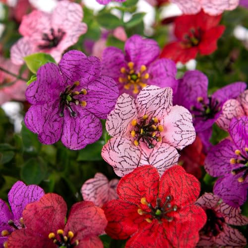 INXUGAO Artificial Silk Flowers Hanging Baskets Outdoors Indoors, Fake Daisy with Eucalyptus Leaves Arrangement for Garden Yard Spring Summer Decor Faux Green Plant(Red Brown Purple Pink) - color: Red Brown & Purple & Pink