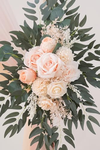 Deluxe Wedding Arch Flowers with Drapes Kit Pack of 4, 2pcs Babypink Sage Hanging Silk Flowers Arrangement 2pcs Chiffon Drapes for Ceremony Arbor Party Outdoor Decor - color: Babypink & Champagne
