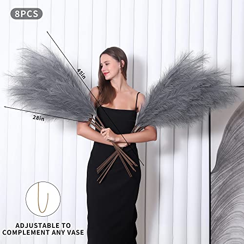 Wertuirk 8 Pcs 45 inch Tall Faux Pampas Grass Decor, Large Artificial Grey Pompous Grass Bulk, Long Fake Pompas for Floor Vase Filler, Wedding, Baby Shower, Home and Boho Decor (Grey) - color: Grey