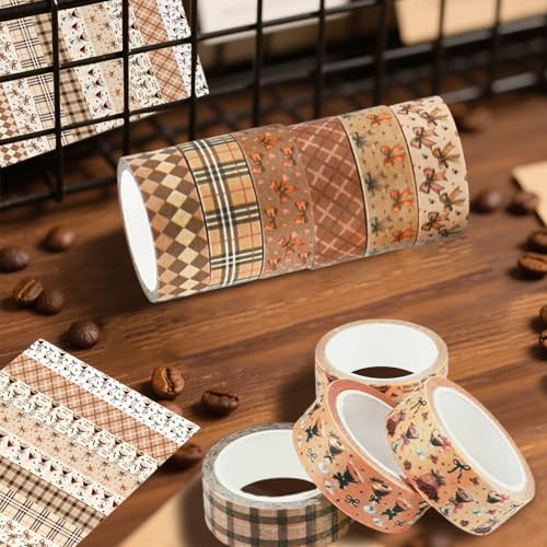 12 Rolls Martini Washi Tape, Vintage Brown Checkered Bow Masking Tape, Martini Coffee Decorative Sticker for Birthday Party Afternoon Tea Holiday Scrapbook Journal DIY Craft Gift Wraps 16.4FT - color: O