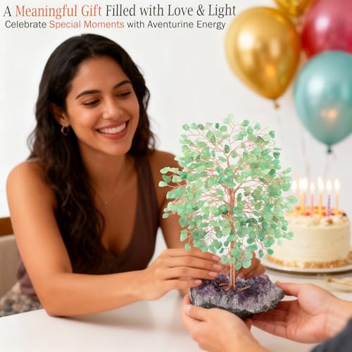 Crystal Tree of Life,Natural Green Aventurine (406 Beads Count) Amethyst Cluster Base, Positive Energy Feng Shui Gem Bonsai Money Tree Good Luck,Gift Size 8.5-9 Inches - color: Aventurine With Amethyst Cluster Base