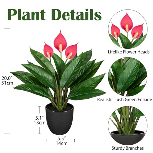 GnFlus 20'' Realistic Pink Anthurium Artificial Plant, Fake Potted Plants for Home Office Farmhouse Kitchen Bathroom Table Shelf Decor - color: 20'' Red