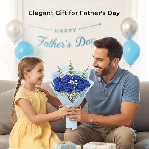 Auihiay 14PCS Blue Artificial Roses, Blue Artificial Flowers, Blue Roses Bouquet with Long Stems for Father's Day Decor, Wedding Centerpieces, Anniversary, Party & Home Decor, DIY Floral Arrangement - color: Dark Blue