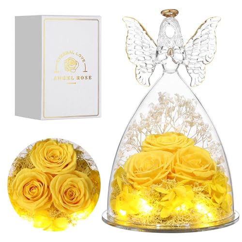 Mothers Day Rose Gifts for Women Preserved Real Flower in Glass Angel Figurines Roses for Delivery Prime Birthday Gifts for Mom Grandma Girlfriend Wife Her, Yellow - color: Yellow
