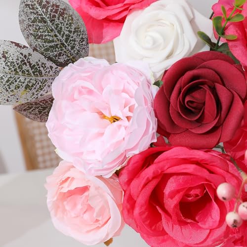 Floweroyal Artificial Flowers Fake Rose Flowers Dahlia with Stems for DIY Wedding Bridal Bouquets, Baby Shower, Floral Arrangement, Table Centerpieces, Home Decorations - color: B Hot Pink