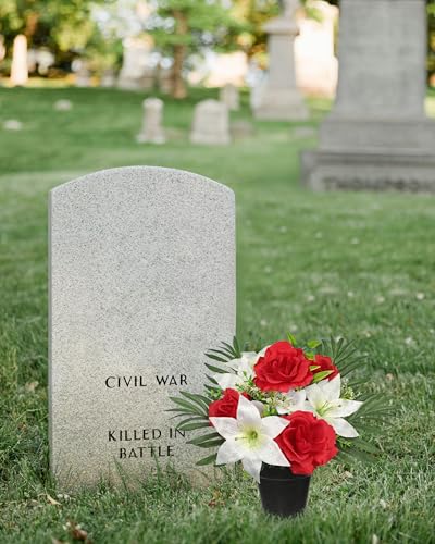 Hollyone Artificial Cemetery Flower for Graves, White Red Faux Lily Rose Flowers in Pot Silk Cemetery Memorial Flowers for Outdoors Gravesites Headstones Home Decoration - color: Red & White-rose Lily