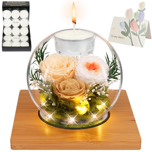 Preserved Champagne Real Rose in Glass with Scented Candles – Forever Flower Romantic Anniversary Christmas Birthday Valentines Mothers Day Gifts for Mom, Women, Wife, Girlfriend, Her, Grandma - color: Champagne