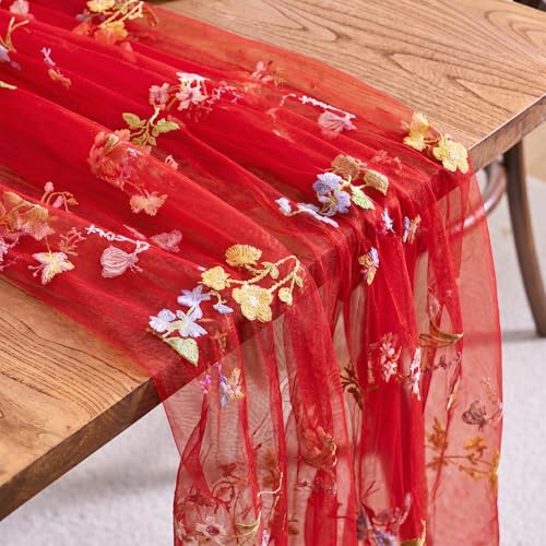 vctops 2 Packs Embroidery Lace Christmas Table Runner 10ft Floral Garden Seasonal Tulle Table Runner Holiday Kitchen Dining Table Decoration for Wedding Party Baby Shower Birthday (Red,30"x120") - color: Red