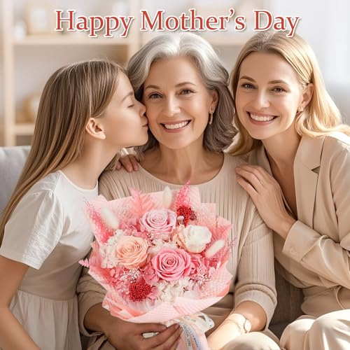Preserved Flowers Bouquet 4 Roses - Pink Roses & Flowers for Delivery, Long-Lasting Real Roses Forever, Mothers Day Gifts for Mom Grandma Wife, Anniversary Birthday Gifts for Women - color: Pink