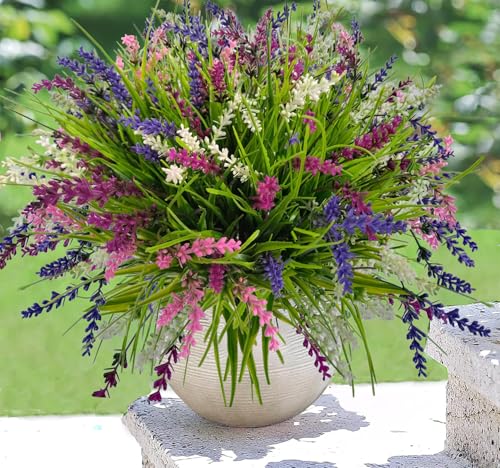 Artificial Grass Fake Plants，Outdoor Fake Monkey Tail Grass with Flowers for Pot UV Resistant Lavender Patio Garden Porch Home Window Hanging Planter Decor(B-White Pueple Pink Fuchsia, 12 PCS) - color: B-multicolored