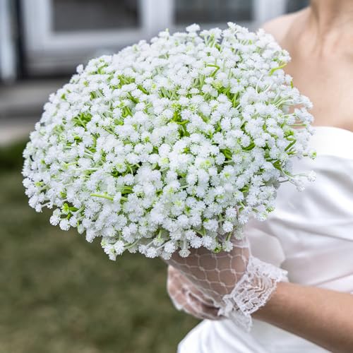 Imncya 120 Pcs Babys Breath Artificial Flowers, Babies Breath Faux Bulk Greenery, Real Touch White Gypsophila Fake Flower for Outdoors, Wedding Bouquets, Party, Home and Garden Decoration