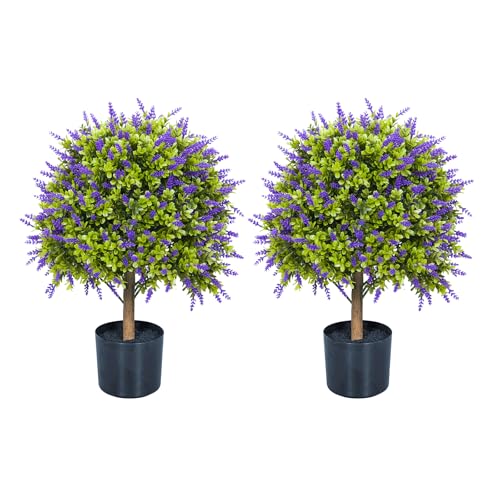 Artificial Lavender Topiary Ball Trees, 2 Set of UV Resistant Fake Evergreen Shrubs Bushes Plants, Faux Bushes for Outdoor Indoor Front Porch Garden Yard - color: Lavender, size: with Pot