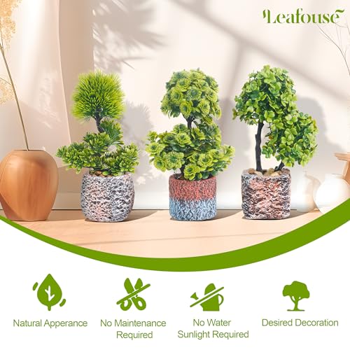10 Inch Small Fake Potted Plant Artificial Bonsai Tree Faux Mini Plants Small Tabletop Greenery Table Decor Office Desk Tabletop Bathroom Shelf Bedroom Living Room Decoration, 3 POTS