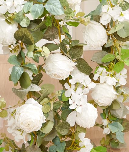 PONKING Flower Garland Artificial Rose & Hydrangea Vine Hanging Fake Flowers Vines for Wedding Birthday Party Valentines Christmas Room Wall Arch Decor, 1 Rose & 1 Hydrangea White Floral Garland - color: Large Rose & Hydrangea White Vines 5.4ft