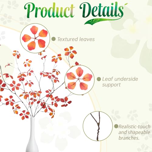 4 Pcs 38.5" Tall All-Orange Artificial Branches with Leaves, Realistic Faux Ficus Greenery Stems, Bendable Fake Plant Twigs for Tall Floor Vases, Home, Office Spring Decor(Autumn Five-Leaf) - color: Autumn Five-leaf