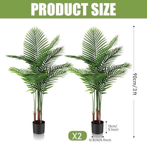Jexine 2 Pack Artificial Palm Trees 3Ft, Fake Plants Fake Trees Artificial Areca Palm Plants for Outdoor Indoor Faux Tree in Pot for Pool Home Decor Office Housewarming Gift Modern Decoration - size: 3 feet
