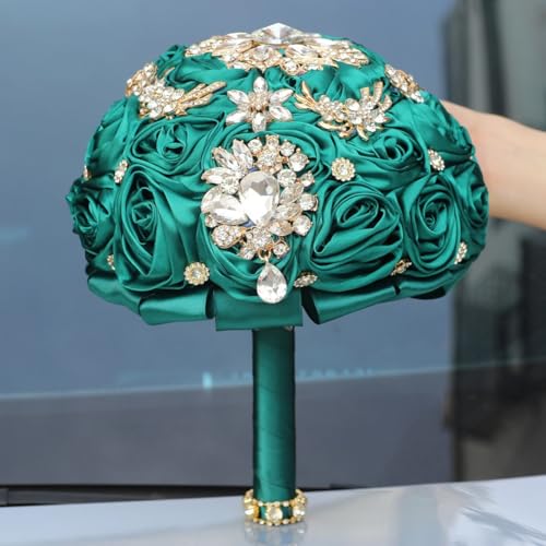 7.5in Dark Green Handmade Wedding Bouquet with Luxury Gold Rhinestone Brooch Satin Rose Flower Bridal Bouquet for Bride Bridesmaid Quinceanera Wedding Bouquet Dark Green - color: Dark Green, size: Medium (DIA. 7.5"/19cm)