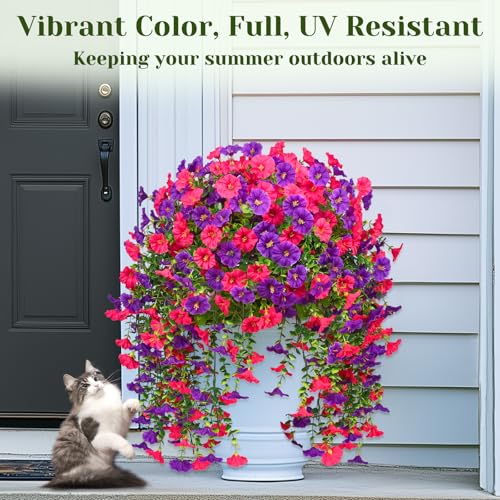 Dolicer 8 Pack Look Real Artificial Flowers for Outdoors, Fake Artificial Hanging Flowers for Outdoors Realistic UV Resistant Hanging Flowers Silk Petunia Faux Flowers for Porch Patio(Purple+Rose Red) - color: Purple+rose Red, size: 8 packs