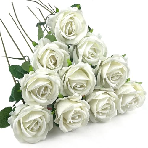 10 PCS Artificial Roses with Long Stems Silk Flowers Realistic Foam Flowers Fake Roses for Valentine's Day Home Wedding Halloween Decor(White) - color: White