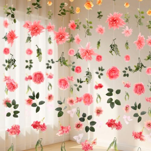 Livole 6Pcs 36Ft Hanging Flower Garland with Bow Wildflower Garlands Backdrop Silk Artificial Fake Floral Vines for Wedding Bridal Party Birthday Arch Wall Home Garden Decor(Pink) - color: Pink, size: 6Pcs