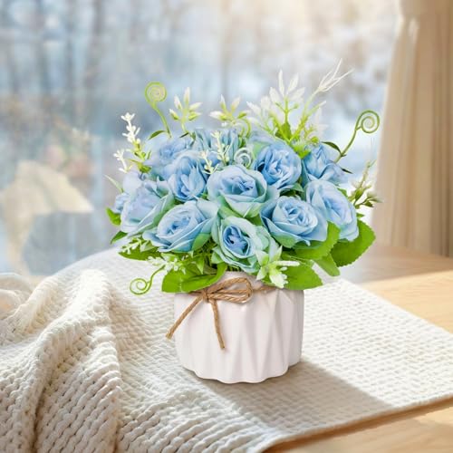 Fake Flowers with Vase,Blue Roses Artificial Flowers in Vase | Faux Flower Plant Arrangement,No Maintenance Faux Flower Arrangement, 6.3 Inch Realistic Table Decor for Home Office Wedding - color: Blue