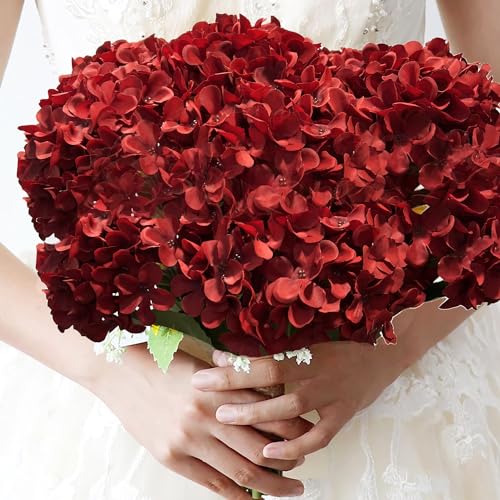 8pcs Red Hydrangea Artificial Flowers 27.58" Large Realistic Single Long Stem Faux Silk Hydrangeas Bouquets Flower Arrangements Home Office Decor Wedding Centerpieces DIY - color: Red