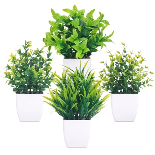 CEWOR Fake Plants 4 Packs Small Artificial Mini Plants Potted Bathroom Accessories Decorations for Desk Office Farmhouse Kitchen Table Decor Indoor - color: White
